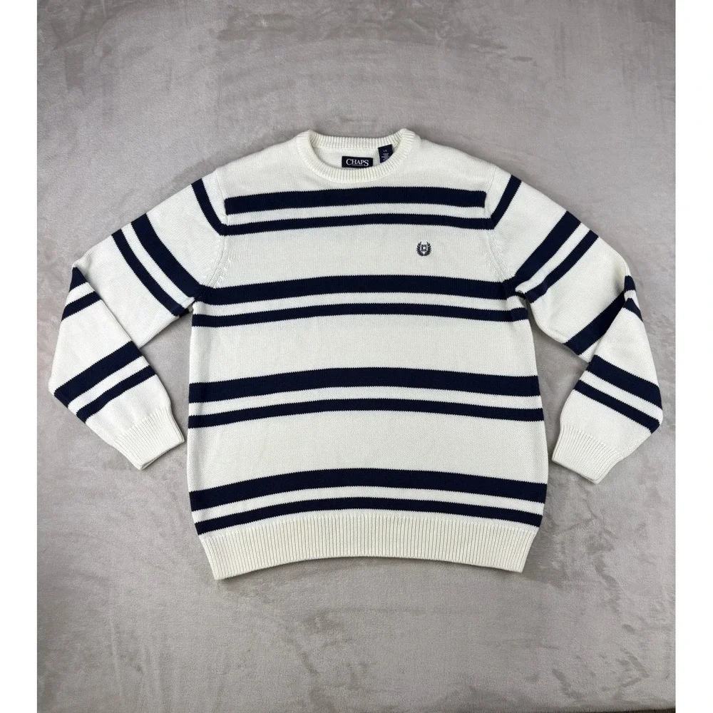 Chaps Mens Cotton Crewneck Sweater Large White Navy Blue Nautical Knit‎ Pullover